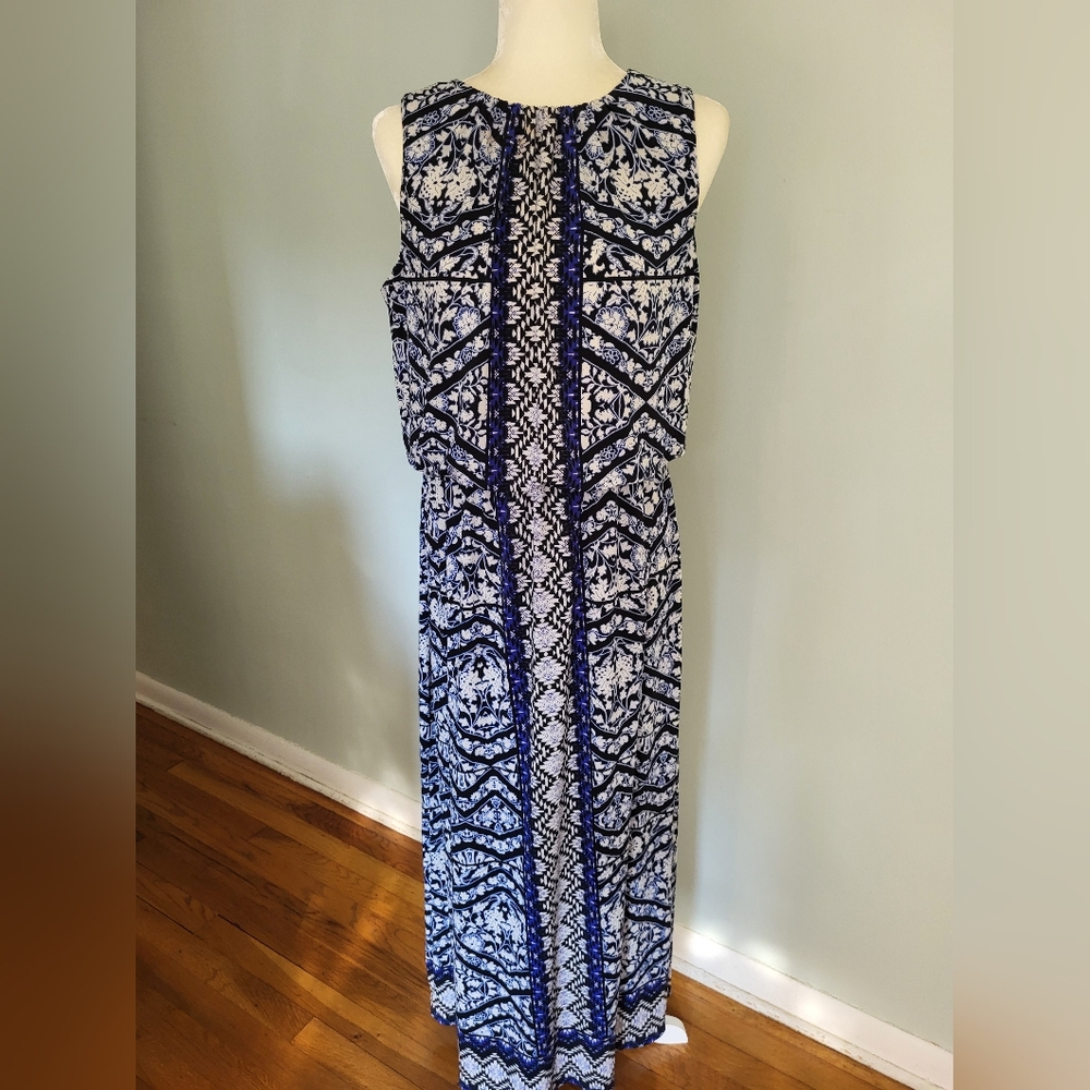 London Times Women Size 12P 12 Petite Sleeveless Maxi Dress‎ Blue Black White